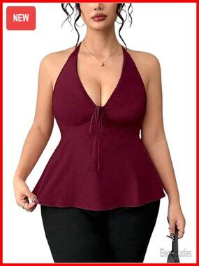 Plus Size Peplum Halter Top Tie Front V Neck Sleeveless Backless Ruffle Going